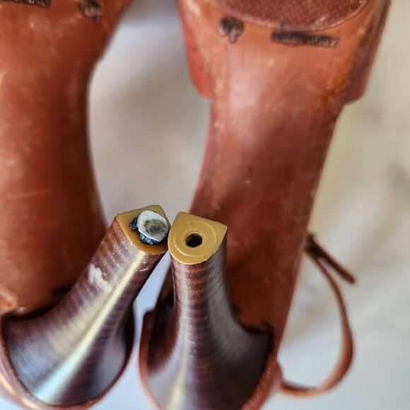 Jems Italian leather women's high heels size 9 Brown pecan cognac open peep toe - Picture 9 of 11